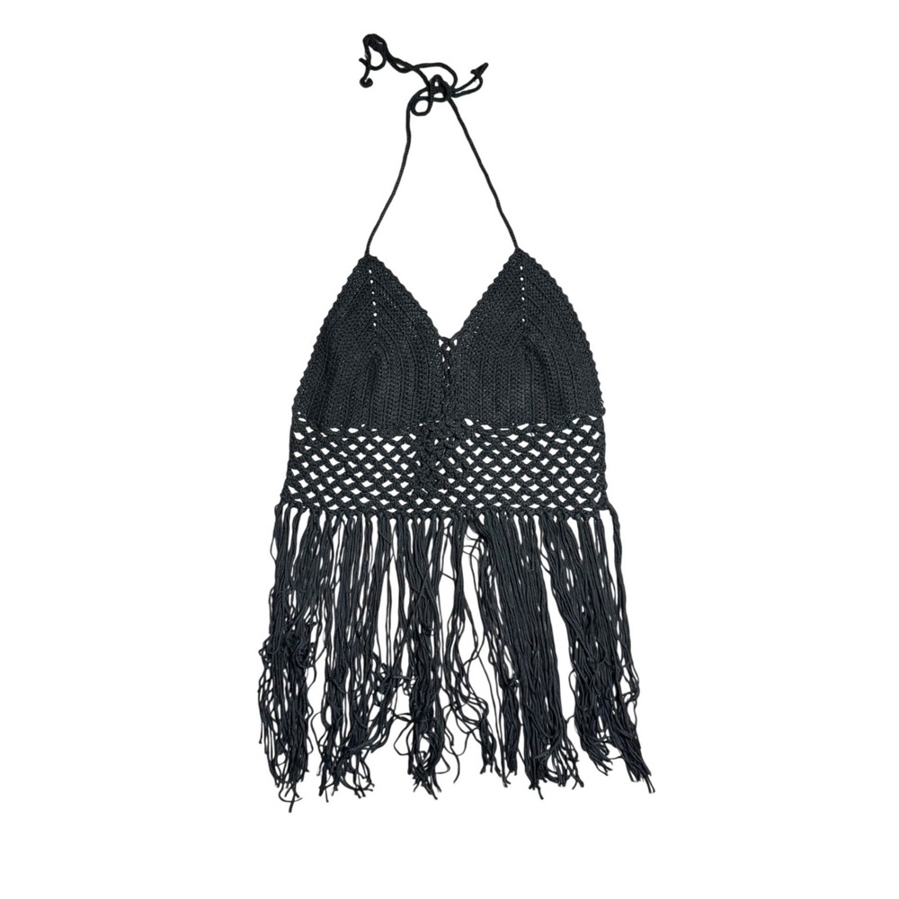 Say What? Black Crochet Halter Top Fringe Boho Festival Tassel Tank